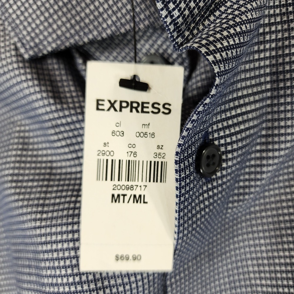 Express Fitted Microplaid Dress Shirt Mens MT Tall Navy White Long Sleeve NWT - Picture 13 of 13